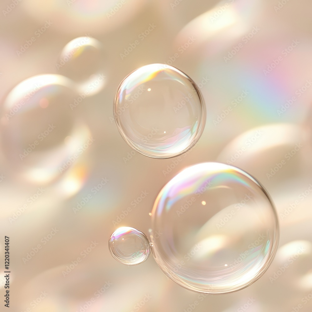 Translucent soap bubbles gracefully overlap and refract light, creating a mesmerizing array of colors and shapes that dance against a soft, gentle background Translucent soap bubbles gracefully overlap and refract light, creating a mesmerizing array of colors and shapes that dance against a soft, gentle background