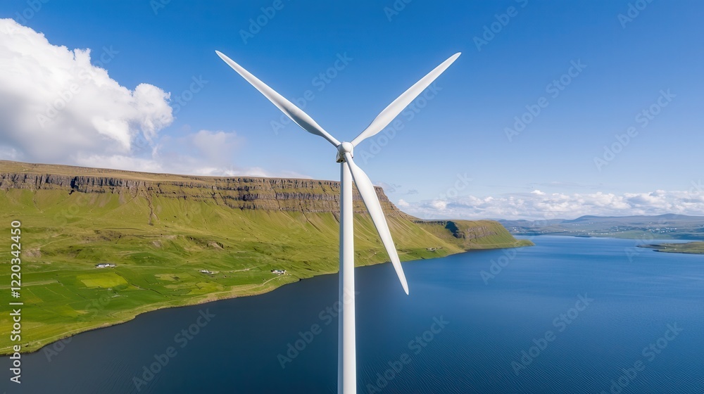 Obraz premium clean energy wind growth concept. A large wind turbine stands by a serene lake surrounded by hills under a clear blue sky.