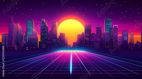 Vibrant retrowave aesthetic background with neon lights and gridlines.