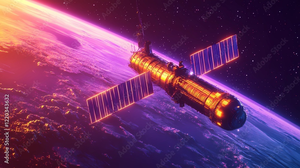 Futuristic retrowave background with glowing lights and a gradient horizon, created in a classic comic book illustration style