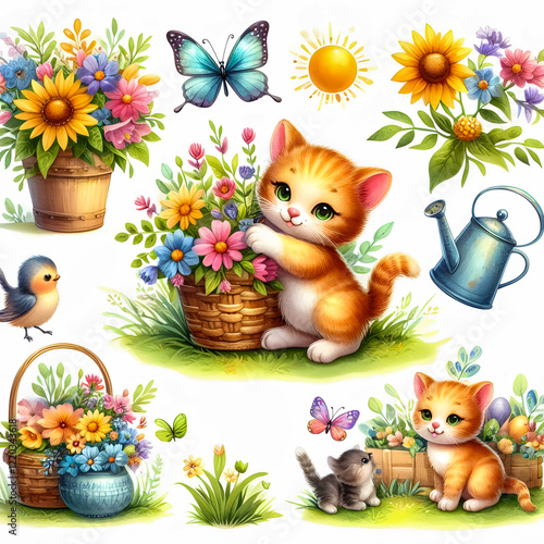 A still life painting featuring kittens, flowers, and gardening tools, set against a white background.