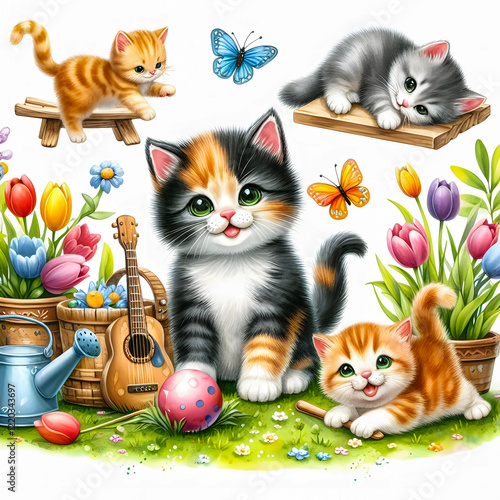 A heartwarming watercolor painting of four adorable kittens playing in a garden filled with colorful tulips and butterflies.