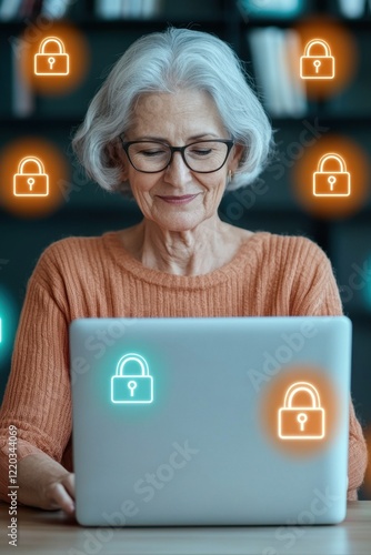 A senior woman uses a laptop, surrounded by glowing lock icons, symbolizing cybersecurity and online safety.