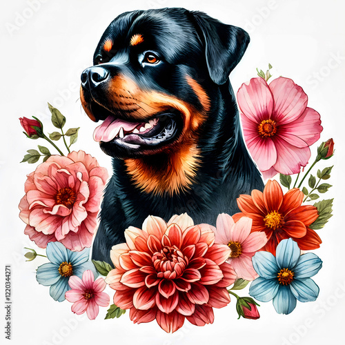 A simple yet striking watercolor painting of a Rottweiler among wildflowers.