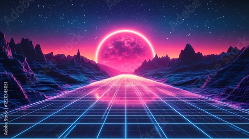 Digital retro background featuring a neon grid and vibrant colors, illustrated in a timeless storybook-inspired art style