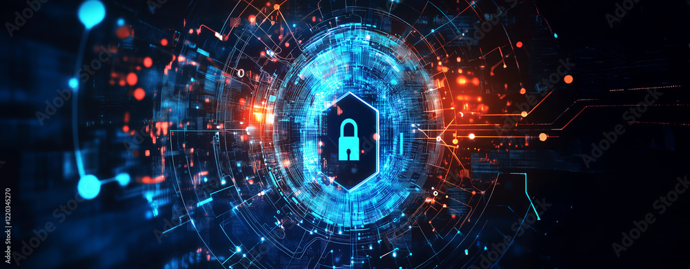 Fototapeta premium A Digital Landscape with a Complex Data Vault Where Global Information is Secured Using Advanced Encryption and Blockchain Technologies