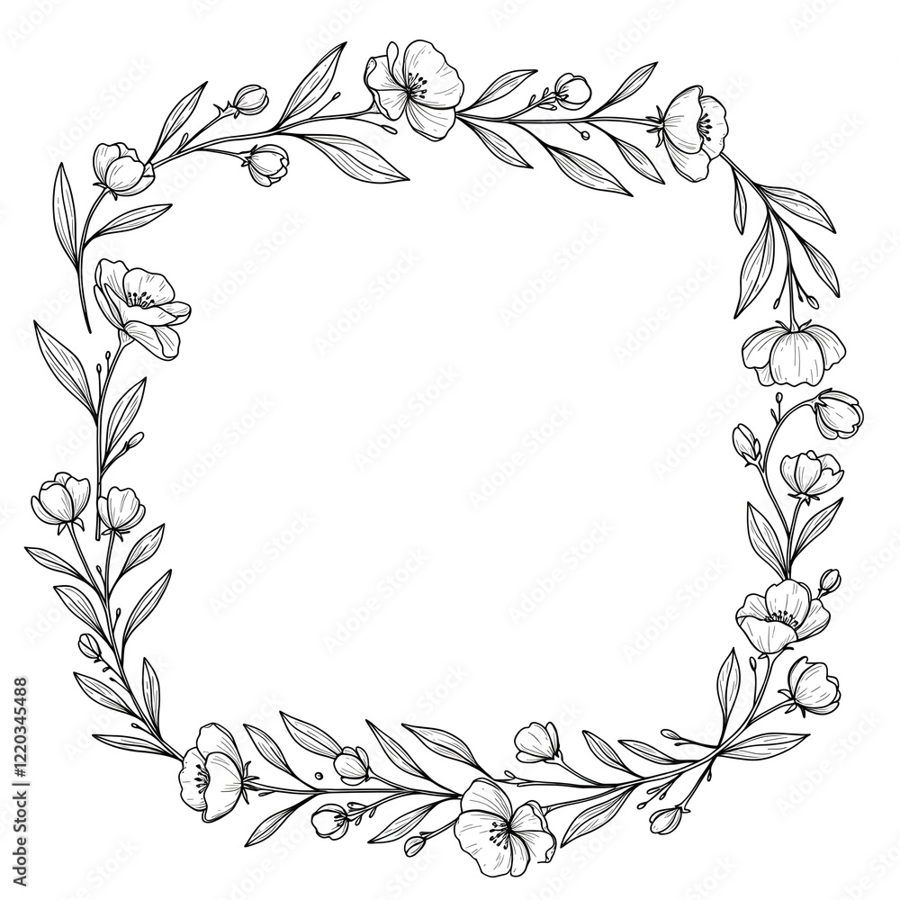 Minimalist floral frame with line-art leaves and flowers on a plain white background Minimalist floral frame with line-art leaves and flowers on a plain white background