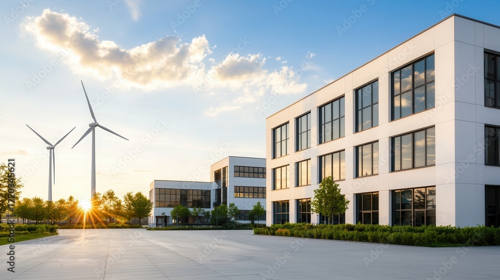 clean energy wind growth concept. Modern building complex with wind turbines and a sunset backdrop. clean energy wind growth concept. Modern building complex with wind turbines and a sunset backdrop.