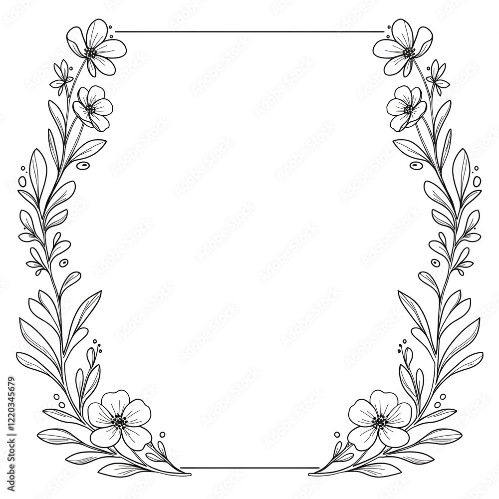 Minimalist floral frame with line-art leaves and flowers on a plain white background Minimalist floral frame with line-art leaves and flowers on a plain white background