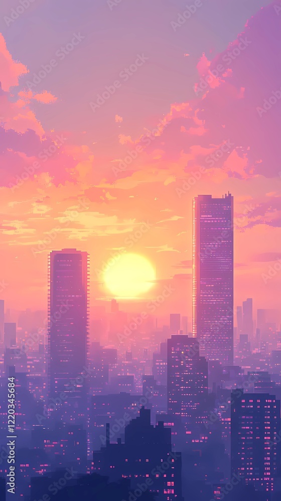 Fototapeta premium Digital retro background featuring a neon grid and vibrant colors, illustrated in a timeless storybook-inspired art style