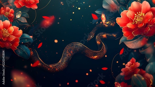 Snake zodiac illustration with dynamic curves, floral embellishments, and glowing red and gold accents for a festive theme photo