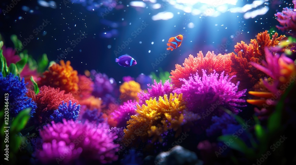 Fototapeta premium Vibrant Coral Reef With Colorful Fish Swimming Underwater Light