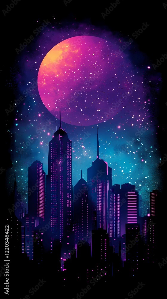 Naklejka premium Digital retro background featuring a neon grid and vibrant colors, illustrated in a timeless storybook-inspired art style