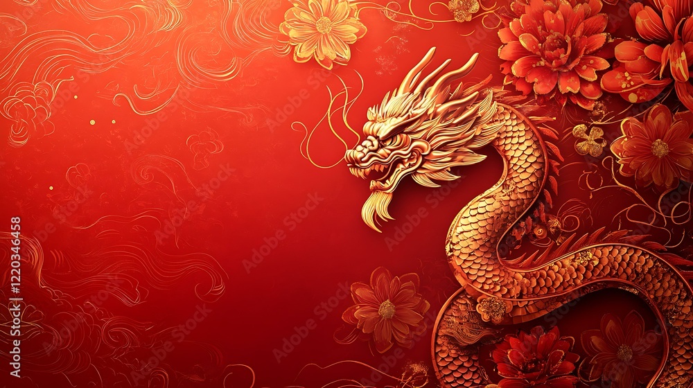 Red and gold themed Chinese New Year background with a stylized dragon and detailed floral patterns Red and gold themed Chinese New Year background with a stylized dragon and detailed floral patterns