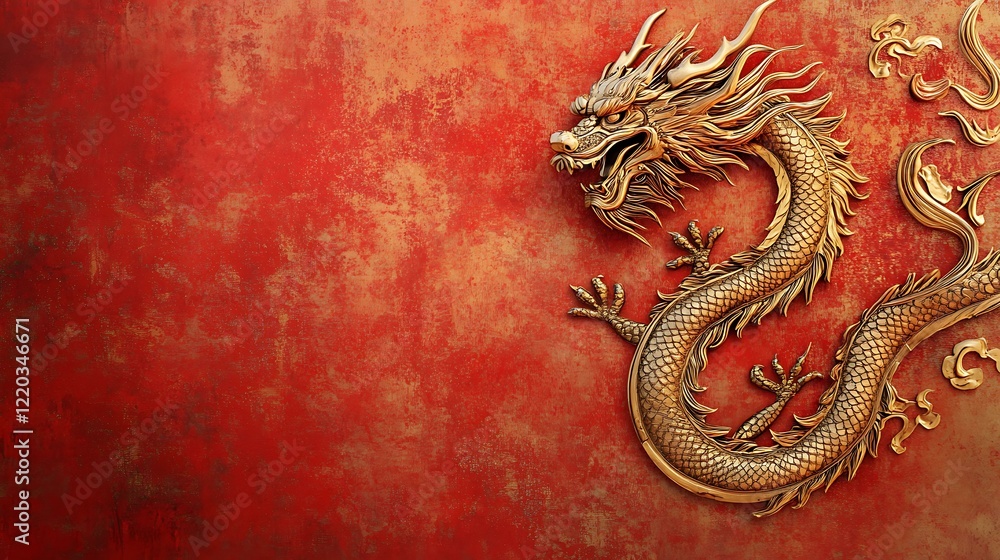 Obraz premium Ornate dragon design in gold and red set against a textured background symbolizing Chinese New Year celebrations