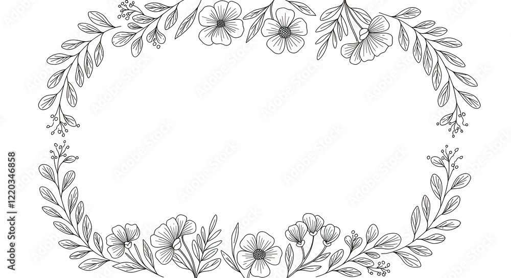 Fototapeta premium Minimalist floral frame with line-art leaves and flowers on a plain white background