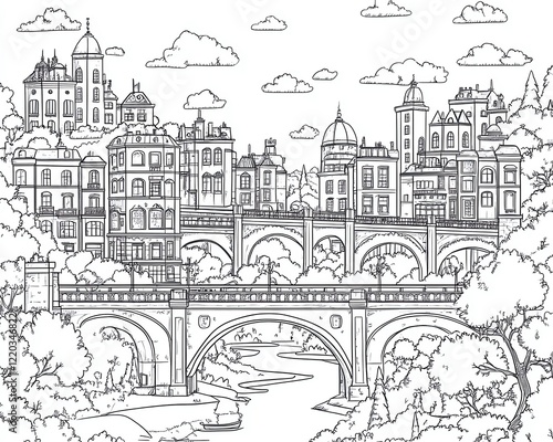 Wallpaper Mural "Hand-Drawn Space Illustration with Rocket and Planets" Detailed line art of a scenic city landscape. Torontodigital.ca