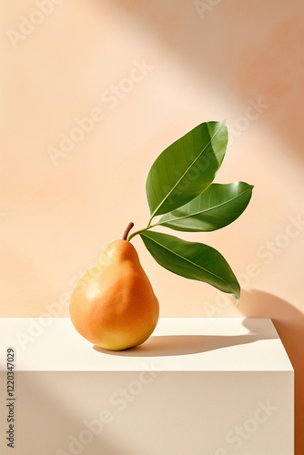 A Fresh Golden Yellow Pear With Leaves On White Podium Surface. Light Color Background, Natural Light and Shadow. Minimal Food Art Concept.