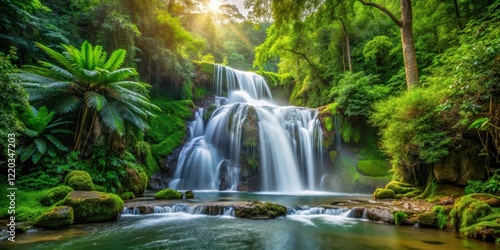 waterfall flowing through dense foliage, forest ecosystem