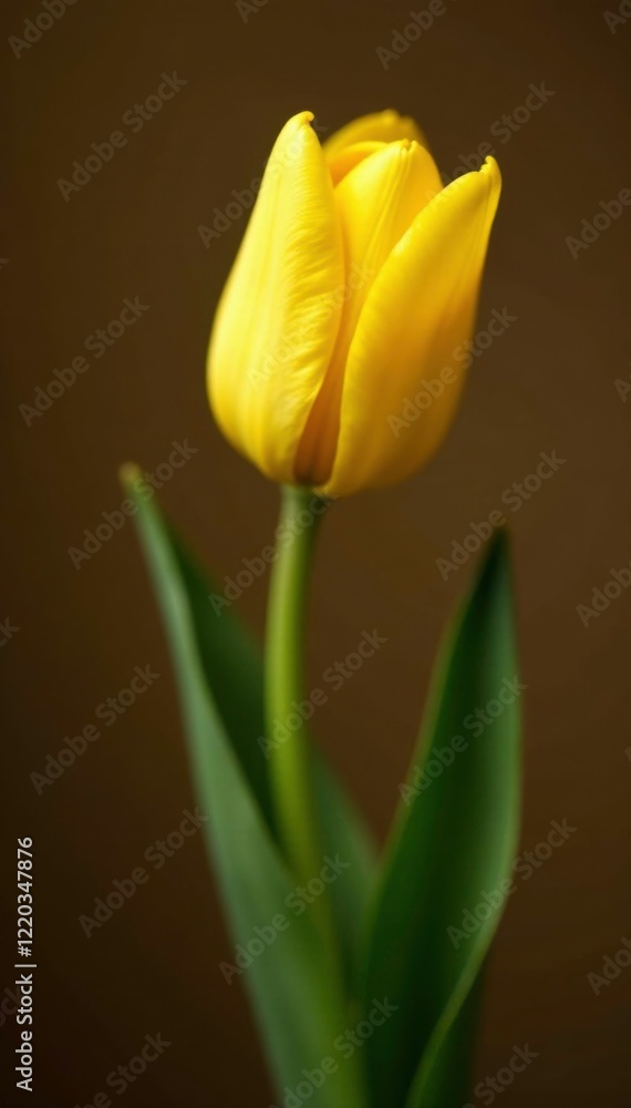 Delicate yellow tulip bud unfolding on a somber background, tulip, blossom Delicate yellow tulip bud unfolding on a somber background, tulip, blossom