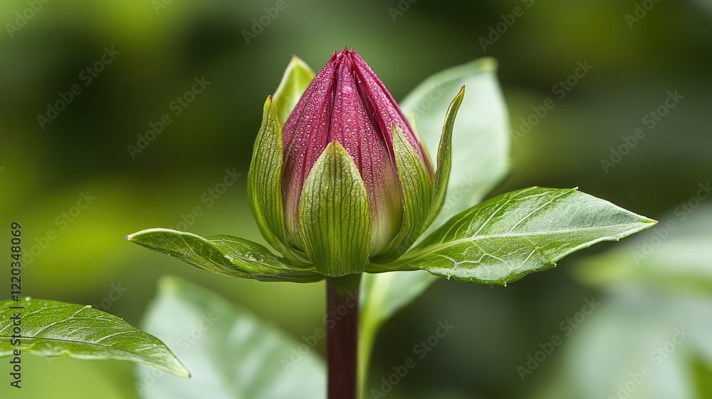 Close-up view of a dark pink dahlia bud surrounded by greenery, offering room for text and design elements Close-up view of a dark pink dahlia bud surrounded by greenery, offering room for text and design elements