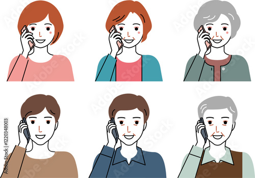 スマホで電話する三世代の男女