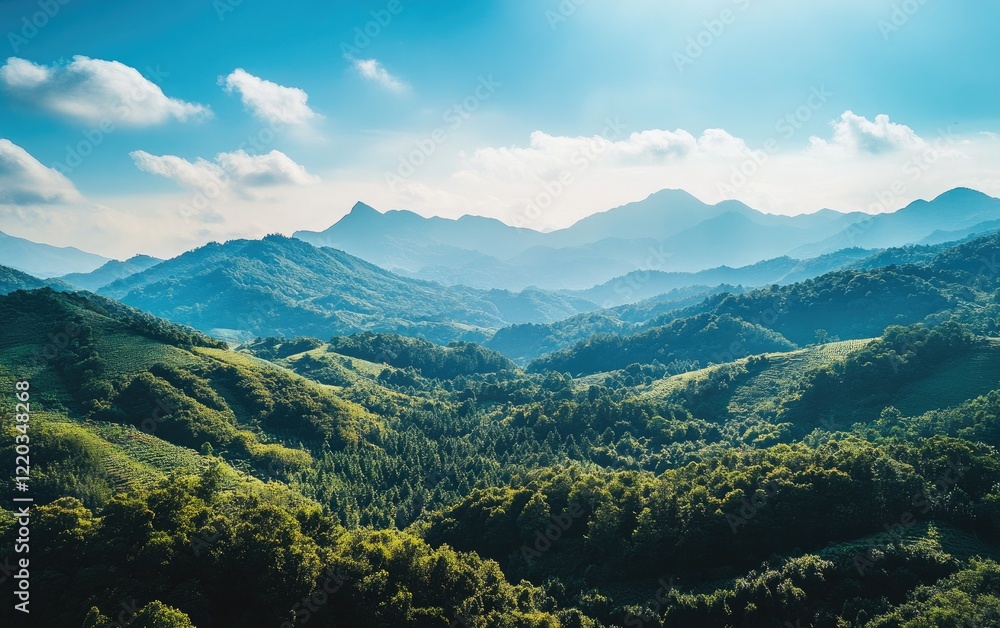 Obraz premium Beautiful forest landscape with green trees on the mountain top in autumn, blue sky. Aerial view of the hillside in summer. Forest panorama