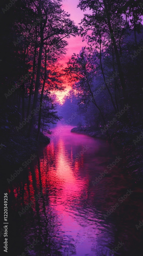 Fototapeta premium Mystic Forest River at Sunset with Dramatic Red and Purple Foggy Sky Reflections, Generative AI