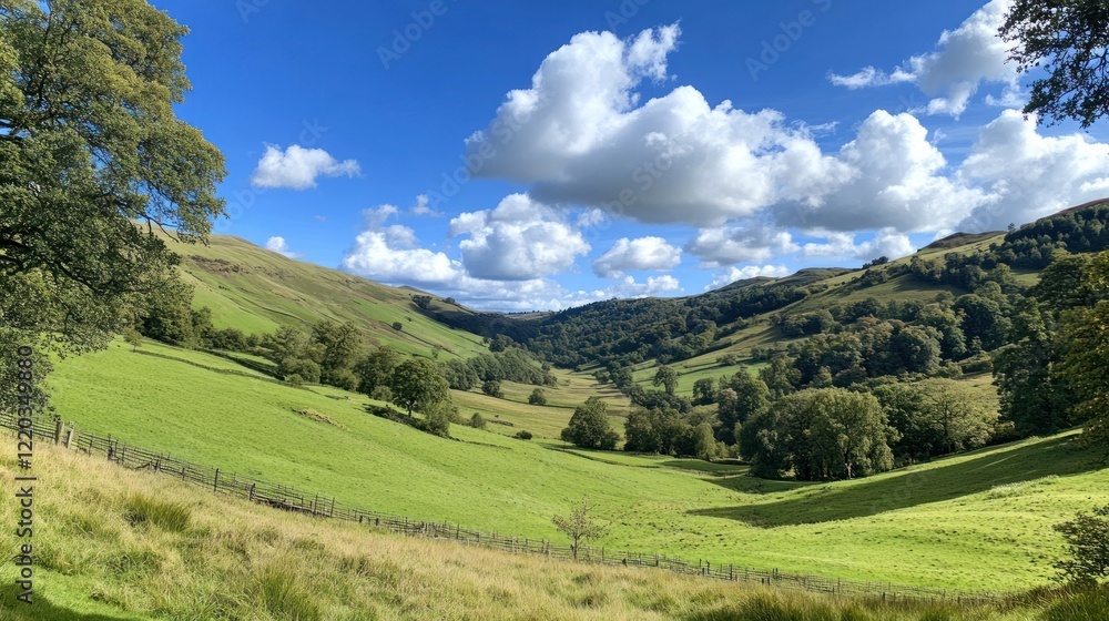 Fototapeta premium Serene Valley Landscape Under a Summer Sky