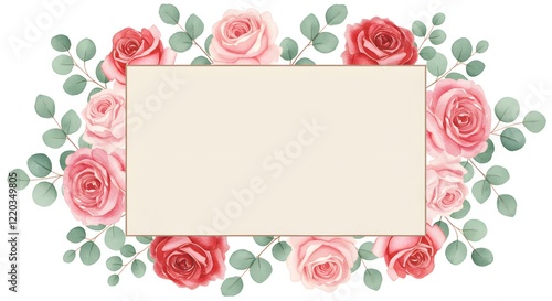A watercolor floral frame with roses and eucalyptus leaves surrounding a soft beige text space