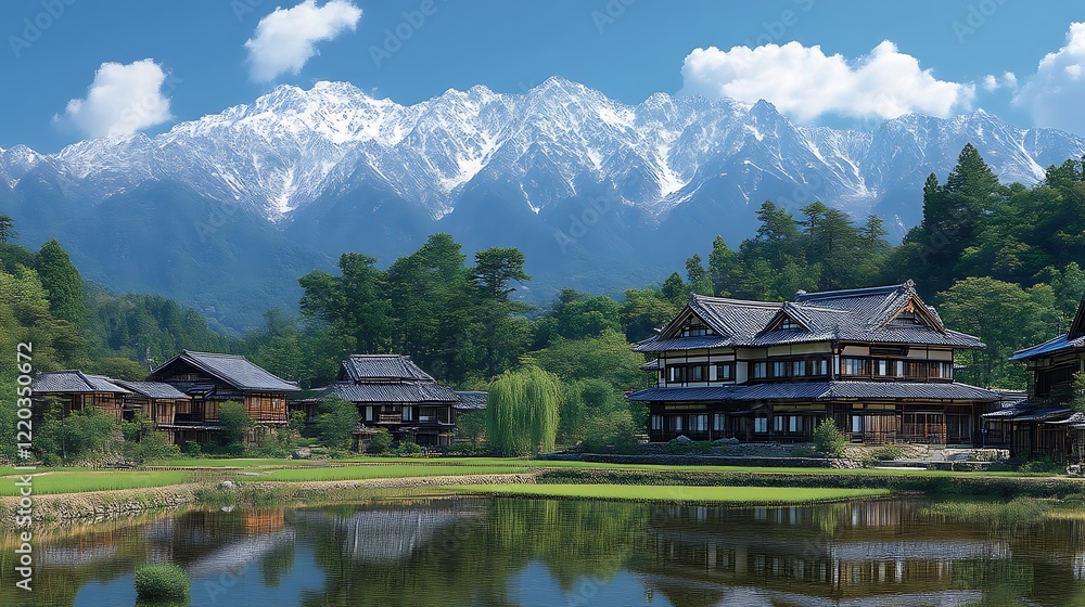 Obraz premium Tranquil Japanese Village nestled beneath snow capped mountains