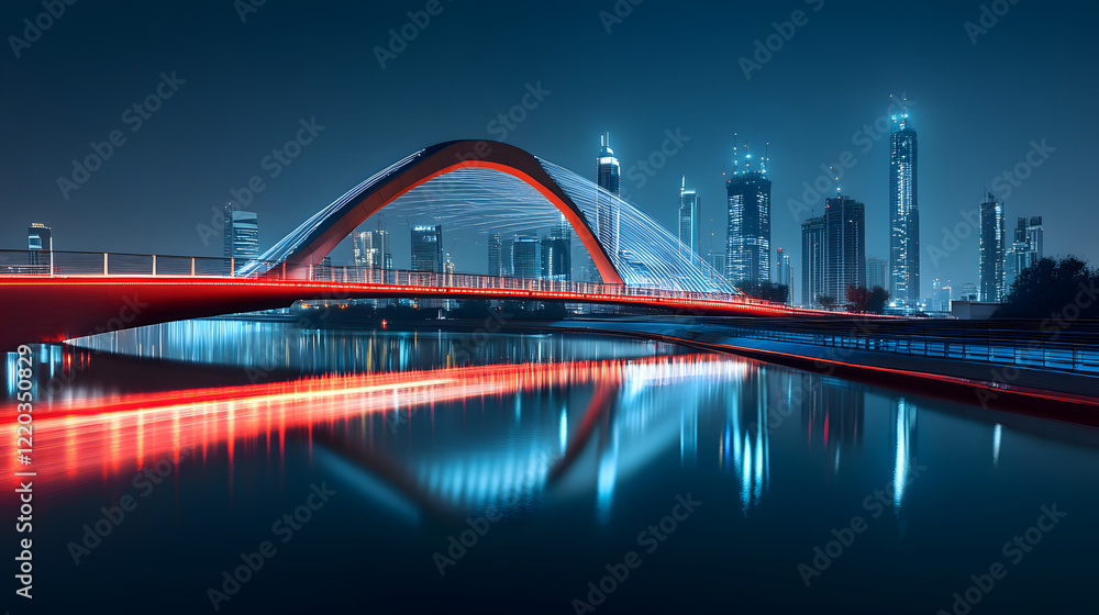 Fototapeta premium Illuminated Suspension Bridge Reflecting in Tranquil Urban Waters on a Foggy Night