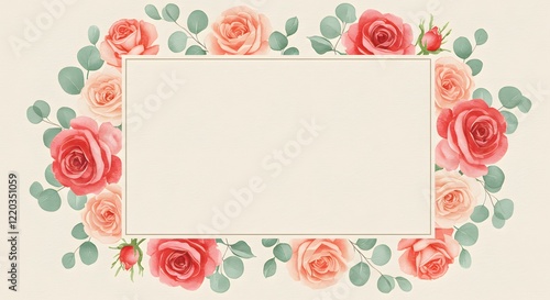 A watercolor floral frame with roses and eucalyptus leaves surrounding a soft beige text space