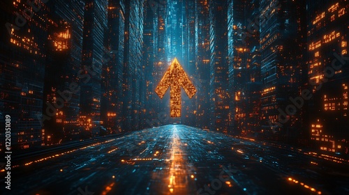 Gold Arrow Chart Representing Wealth and Success with Abstract Digital Skyscrapers Background