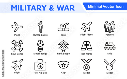 Military & War Icon Set. A powerful collection of icons representing defense and combat themes, perfect for enhancing educational materials, military websites, and historical projects.