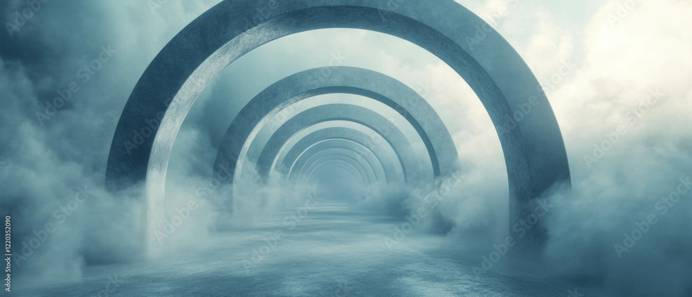 Fototapeta premium Mysterious 3D arches enveloped in swirling fog create an ethereal atmosphere