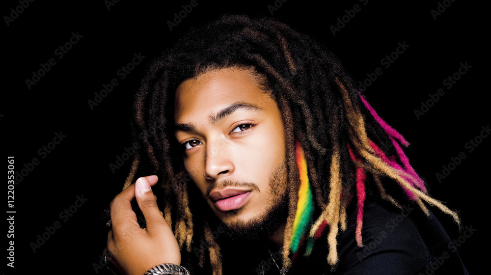 Confident young man with multicolored dreadlocks, artistic studio portrait. Confident young man with multicolored dreadlocks, artistic studio portrait.