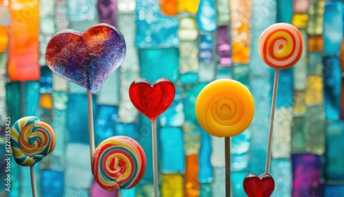 Wallpaper Mural A vibrant array of heart shaped and spiral lollipops against a colorful background Torontodigital.ca