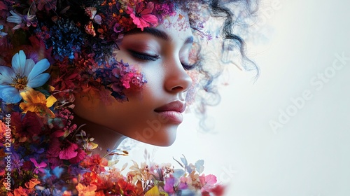 A serene female profile surrounded by vibrant flowers in shades of red, blue, and purple, blending seamlessly with flowing colorful hair, symbolizing beauty and nature's harmony