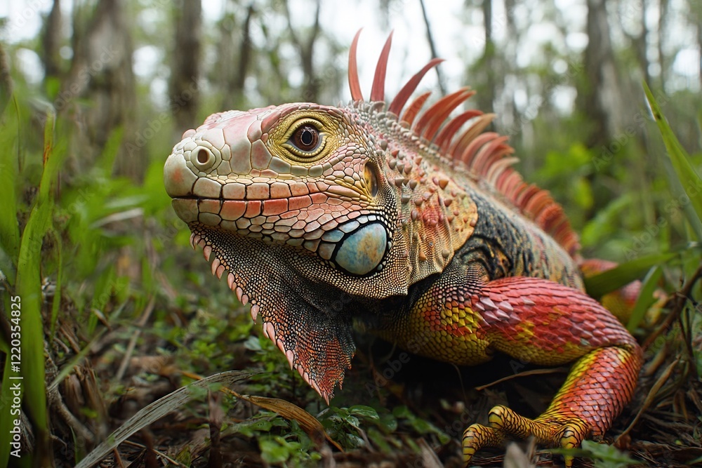 Fototapeta premium Vibrant Iguana in Lush Forest Habitat: A Close-Up View of Scales and Colors