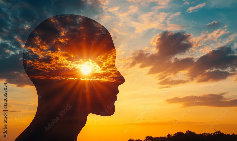 Serene Landscape Within Human Head Outline Symbolizing Inner Peace and Mental Tranquility at Sunset with Copy Space, Generative AI Serene Landscape Within Human Head Outline Symbolizing Inner Peace and Mental Tranquility at Sunset with Copy Space, Generative AI