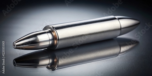 A sleek metallic bullet with intricate details and reflective surface photo