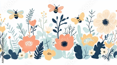 Floral Delight: A Whimsical Garden of Blossoms and Busy Bees