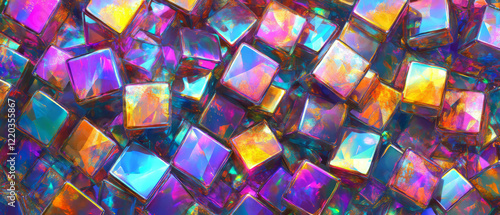 Colorful holographic cubes create an abstract background of shifting patterns and glowing effects