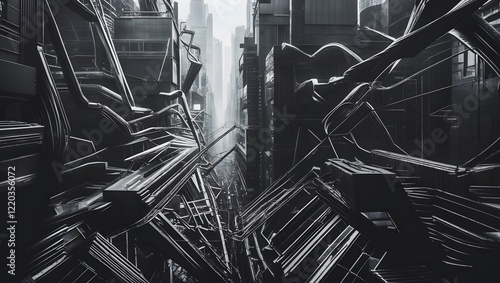 A high-contrast, monochromatic photograph capturing the frenetic energy of a crowded urban metropolis, characterized by twisted, abstract lines and shapes, varying in opacity to evoke a sense of dynam