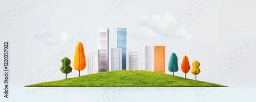 clean energy renewable policy concept. Modern cityscape on a green hill with colorful trees under a clear sky.