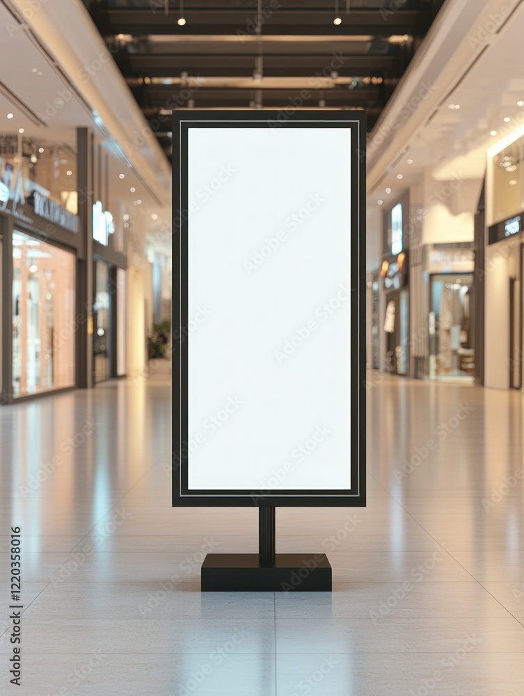 A mockup of an empty vertical blank billboard poster in the middle of a shopping mall, with a clean and minimal background and a blurred store entrance on both sides. A mockup of an empty vertical blank billboard poster in the middle of a shopping mall, with a clean and minimal background and a blurred store entrance on both sides.