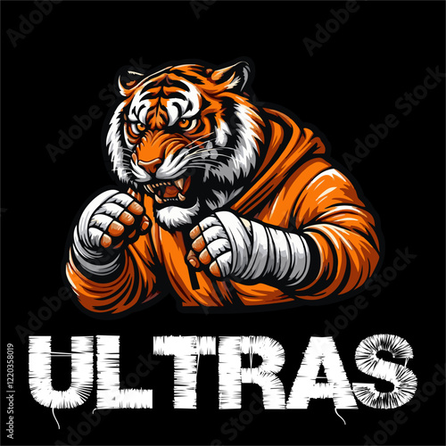 illustration vector graphic of Tiger Head being Football fans ultras hooligan casual wear parka jacket and wear football scarf design for logo, t-shirt, etc