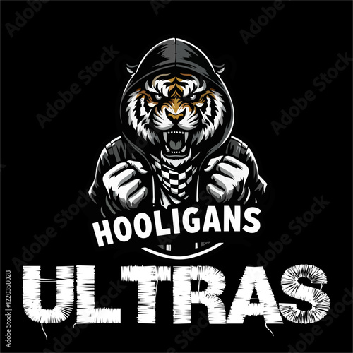 illustration vector graphic of Tiger Head being Football fans ultras hooligan casual wear parka jacket and wear football scarf design for logo, t-shirt, etc