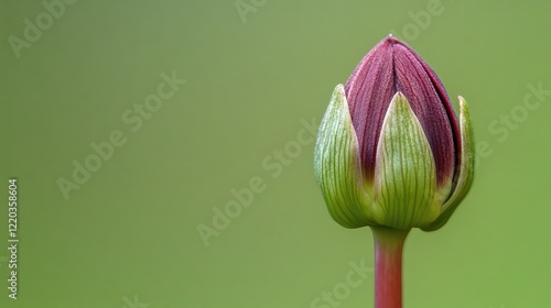 Macro shot of a blooming dark pink dahlia bud with a green background and ample space for text at the top